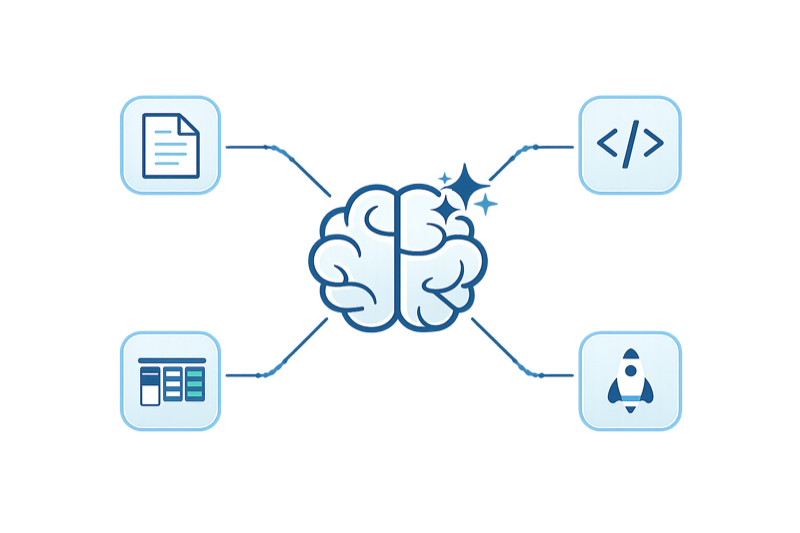 AI brain at center connected to requirements, code, kanban board, and deployment icons
