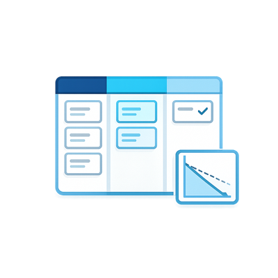 Kanban board with cards in columns and burndown chart overlay