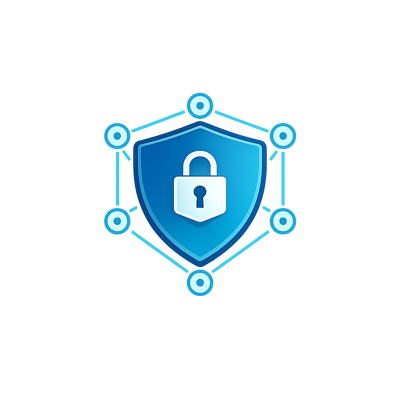 Shield with lock surrounded by secure network nodes