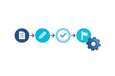 Configurable workflow pipeline with nodes and gear icon